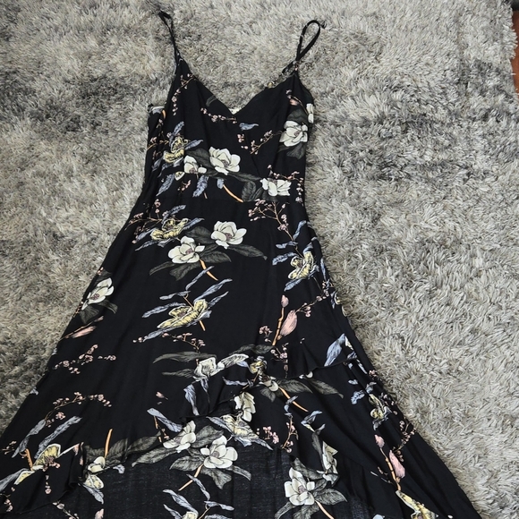 Black Floral Wrap Around Maxi Dress, Short in the front and Long in the back - Picture 2 of 8